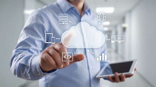 A man in a blue shirt uses his finger to interact with a glowing cloud icon surrounded by digital data symbols including devices and graphs cloud computing technology network internet storage - Powered by Adobe