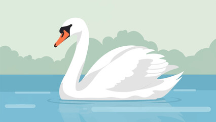 Obraz premium White swan glides serenely on blue water with soft green clouds