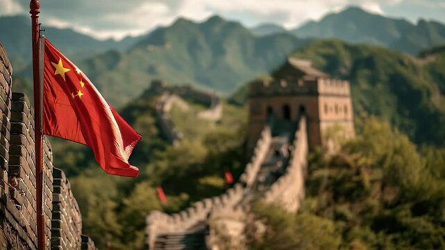 Chinese flag with Great Wall landscape in soft focus