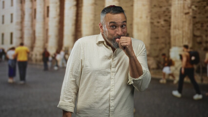 Man with hand to mouth coughing on a street beside old stone columns and blurred pedestrians; playful.