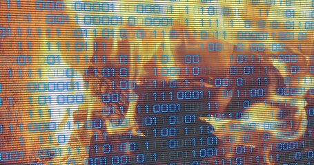Displaying cyan binary digits over orange flames on screen, showing scanlines and charred forms © vectorfusionart