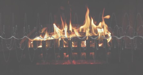 Naklejka premium Flickering flames in home fireplace with metal grate, charred logs, embers, and waveform overlay