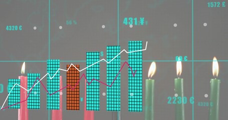 Blending row of lit taper candles with overlaid financial chart on table, featuring turquoise bars