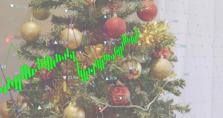 Displaying decorated evergreen tree in room, showing red gold baubles, tinsel, financial overlay