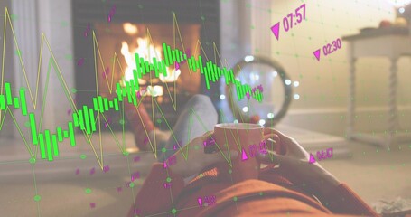 Holding ceramic mug, woman in rust sweater and dark pants lounging near hearth with trading overlay