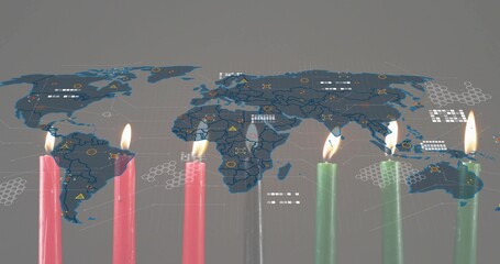 Naklejka premium Showing five wax candles flickering on studio tabletop before projected blue world map with nodes