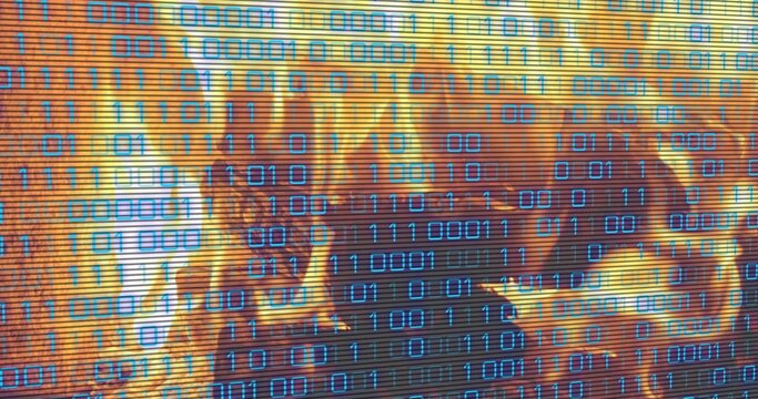Displaying cyan binary digits over orange flames on screen, showing scanlines and charred forms