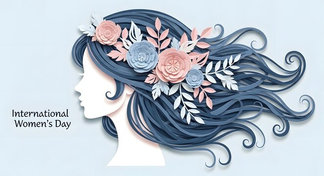 Elegant paper art profile of a woman with flowing hair adorned with pastel flowers and leaves for International Women's Day.