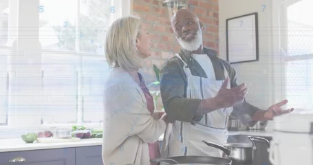 Selbstklebende Fototapeten Zu Kochen Cooking mature couple preparing meal in home kitchen, wearing striped apron and cardigan, saucepan  © vectorfusionart