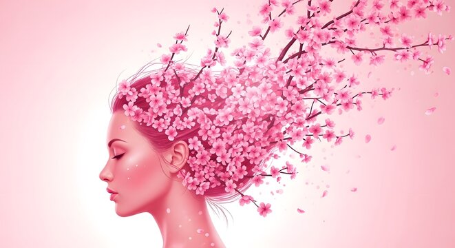 Beautiful woman with pink cherry blossoms and petals flowing from her hair.