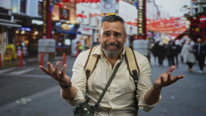 Man with beard touching his temples with fingers and wearing a backpack on a busy street; curiosity...