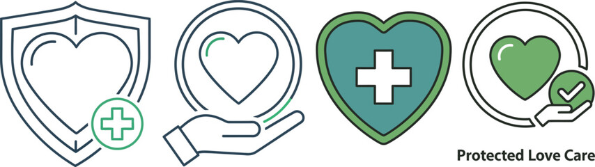 Obraz premium Modern line art icon set illustrating essential concepts of health, comprehensive protection, and compassionate care through diverse heart symbols