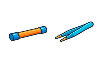 Colored tool set includes a blue tweezer and an orange stick used for various tasks in crafting or repairing activities