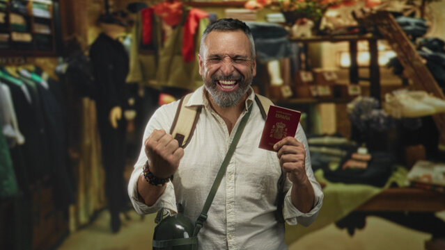 Man holding passport and pumping fist in building shop with backpack and bracelets, smiling broadly while eyes closed; travel excitement.