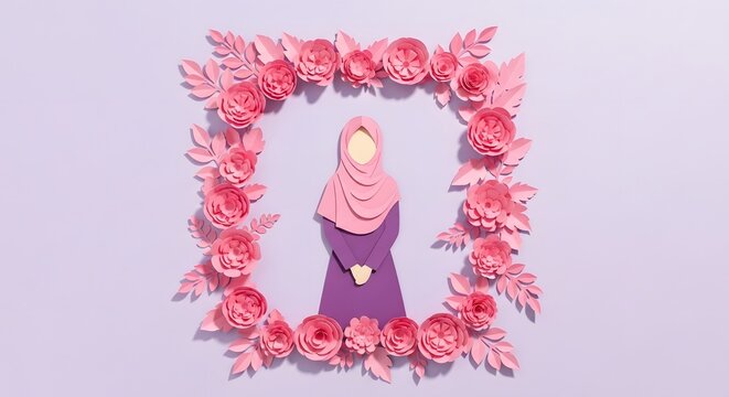 Paper art of a woman in hijab framed by pink roses and leaves, celebrating International Women's Day with floral elegance.