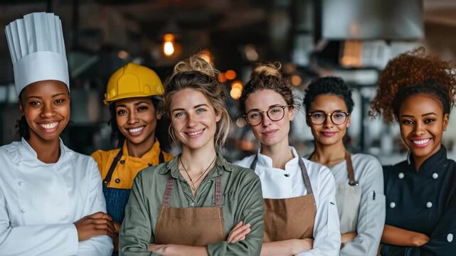 Group of diverse smiling women chefs and bakers in a professional kitchen, wearing aprons and chef hats