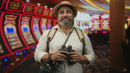 Obraz premium Man holding binoculars, smiling and winking in a casino building with backpack and hat; curiosity adventure travel.