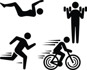 Fototapeta premium Collection of fitness and cardio stickman icons including running, cycling, weightlifting, and abdominal crunches for gym or healthy lifestyle.