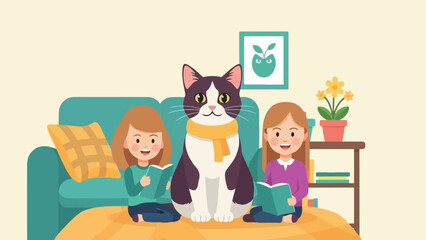 Two young girls read books next to a cat on a sofa with a plant