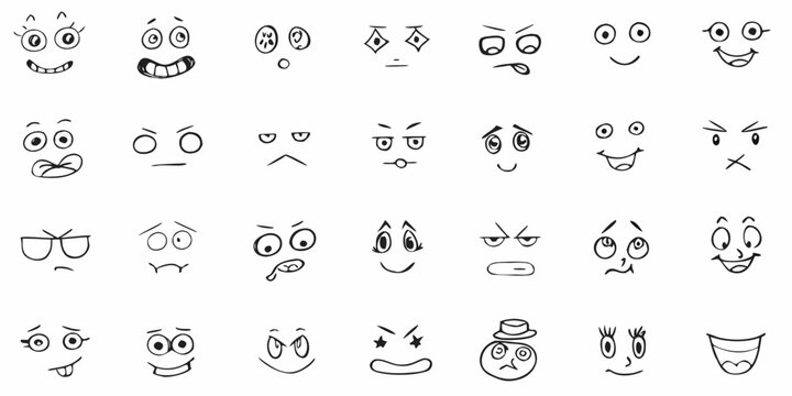 Collection of diverse hand drawn expressive cartoon faces and simple emoticon designs