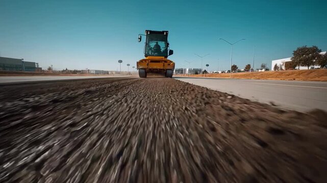 Medium shot of heavy machinery clearing dry rubber buildup from an airport runway emphasizing the textured surface and industrial equipment in motion