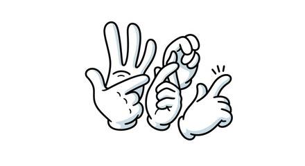 Obraz premium Three cartoon hands showing different gestures and emotions.