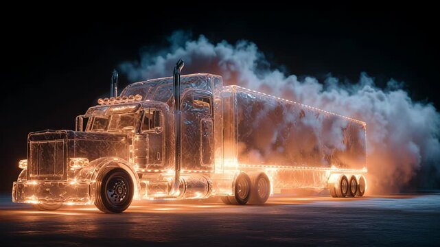 Translucent truck with fiery interior, emitting dense smoke