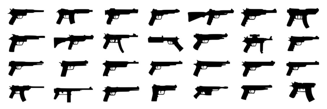 Collection of flat black silhouette handgun and submachine gun icons arranged in a grid on a white background, various firearm designs