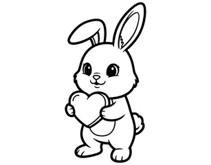 Fototapeta premium Cute Kawaii Bunny Holding a Heart Sticker, Cartoon Rabbit Character Line Art for Coloring, Sweet Valentine’s Day Animal Illustration, Isolated Vector Graphic on White Background.