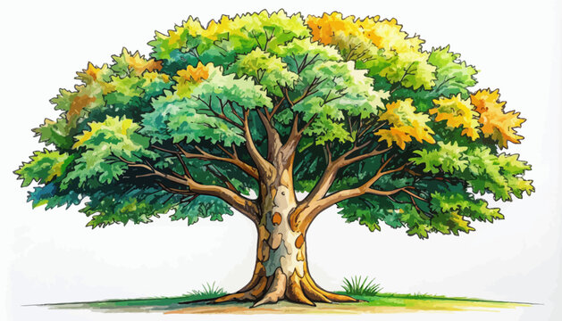 Majestic digitally rendered tree illustration showcasing vibrant seasonal foliage, a symbol of growth, strength, and the enduring beauty of nature's cycle on a white background