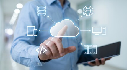 Person's finger pointing at a glowing cloud symbol connected to icons representing database devices computer servers globe and code illustrating cloud computing and data integration technology