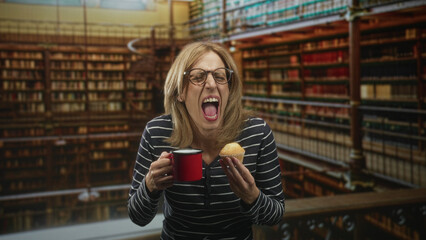 Fototapeta premium Woman holding red mug and muffin with mouth open, tongue out while standing in a library building, expressive face; surprise unease.