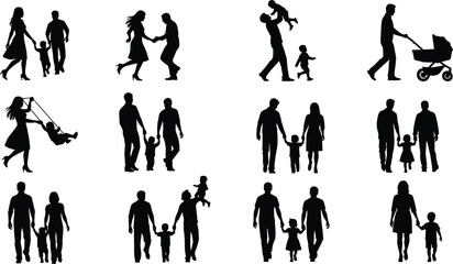 Fototapeta premium Silhouette set of happy family activities with parents and children walking, playing, holding hands, pushing stroller, representing love, parenting, childhood, togetherness