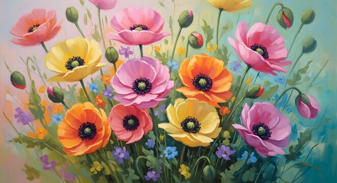 Happy mother's day 2026 wishes greeting with colorful blooming poppies flowers