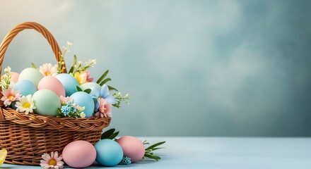 Obraz premium Easter basket with pastel eggs and flowers