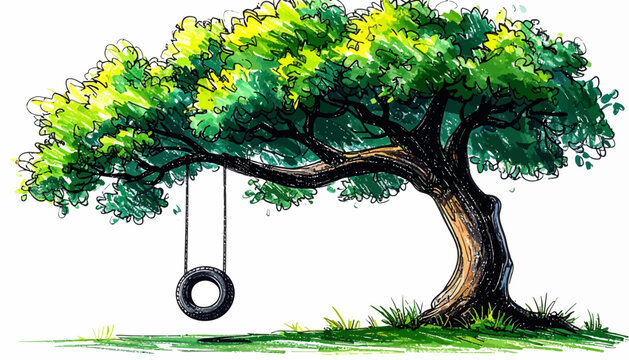 Lush green tree with a hanging tire swing, a timeless symbol of innocent childhood, outdoor recreation, and the serenity of nature's embrace in a hand-drawn style