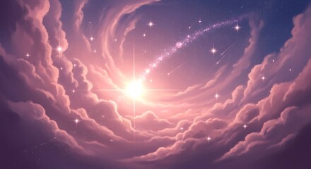 Vibrant cosmic scene with swirling clouds and stars at sunrise