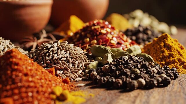 Close Up Display of Vibrant Spices on Rustic Wooden Table with Red Chili Powder Cumin Seeds Black Peppercorns and Cardamom in Warm Lighting