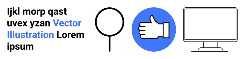 Obraz premium Business tools, technology, approval systems, user interface, communication processes, digital navigation. Magnifying glass, thumbs-up icon and computer screen. Business tools and technology