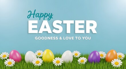 Happy easter greeting card with colorful eggs and flowers
