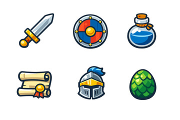 Obraz premium Collection of gaming icons featuring a sword, shield, potion, scroll, helmet, and egg in a simple style