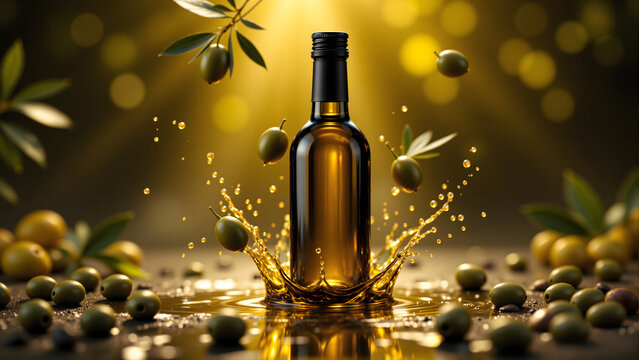high end glass bottle of extra virgin olive oil featuring a dynamic golden splash and ripples. surrounded by fresh green olives on a dark surface with warm sunlit bokeh background.