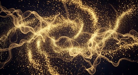 Golden particles flowing in dynamic motion on dark background