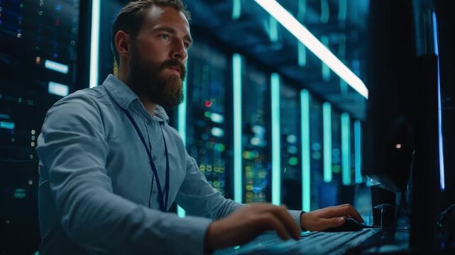 Medium shot of a cybersecurity expert monitoring secure cloud search platforms highlighting encrypted data flow on a digital dashboard.