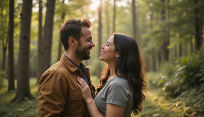 Fototapeta premium A young man and woman stand facing each other in the forest. Their faces are illuminated by soft, warm sunlight. They both smile and look at each other with tenderness and love.