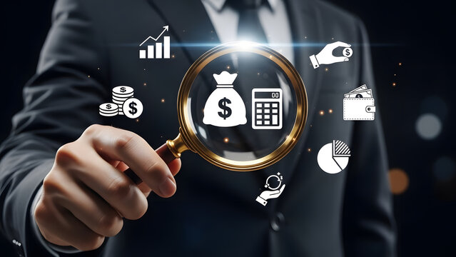 Businessman analyzing financial data with magnifying glass | Strategies for maximizing profit and investment growth | Detailed financial analysis and accounting calculation process | Digital concept - Powered by Adobe