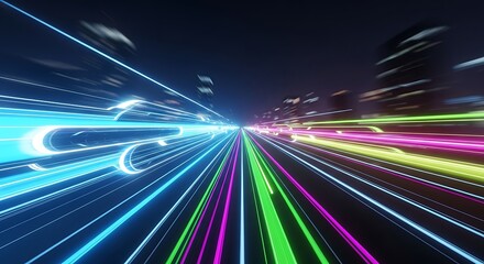 Vibrant neon light trails speeding through dark futuristic tunnel
