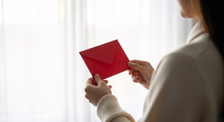 Woman holding red envelope with copy space