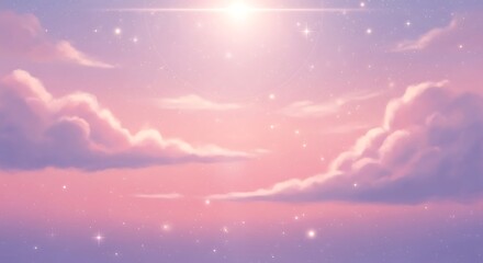 Vibrant pink and purple sunset with fluffy clouds and stars