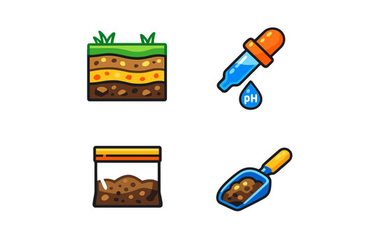 Soil testing tools and samples shown in a clean layout for educational purposes, allowing for a study on soil composition and pH levels in various environments